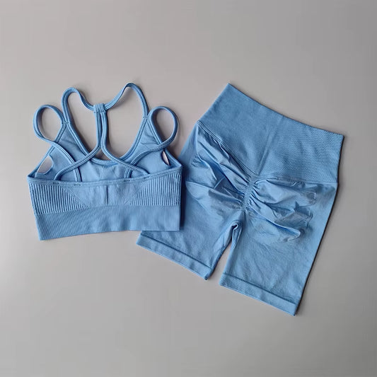 Peach High Waist Hip Lifting Sports Set Gathering Shockproof Quick Dried Yoga Clothes Running 3/4 Pants Fitness Two Piece Set